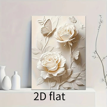 tableau mural toile beige roses sculptées relief papillon doré art contemporain décoration salon