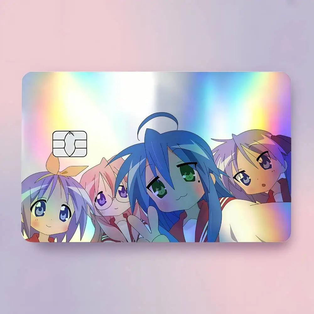 carte crédit personnalisée adhésive personnages animés holographique noir bleu vert arc ciel moderne illustratif