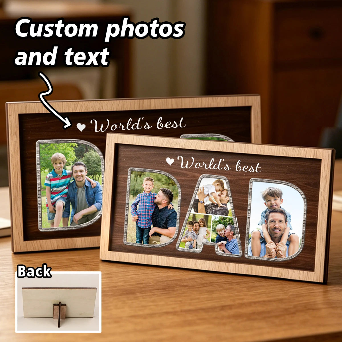 cadre photo personnalisé bois marron décoration familiale texte dad world's best