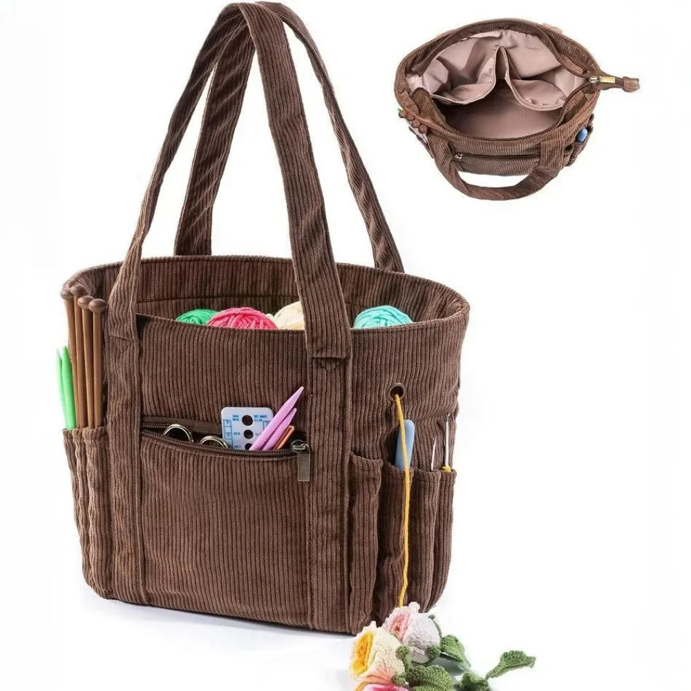 sac main marron beige corduroy vintage poignées élastiques poches zippées rangement laine multifonctionnel