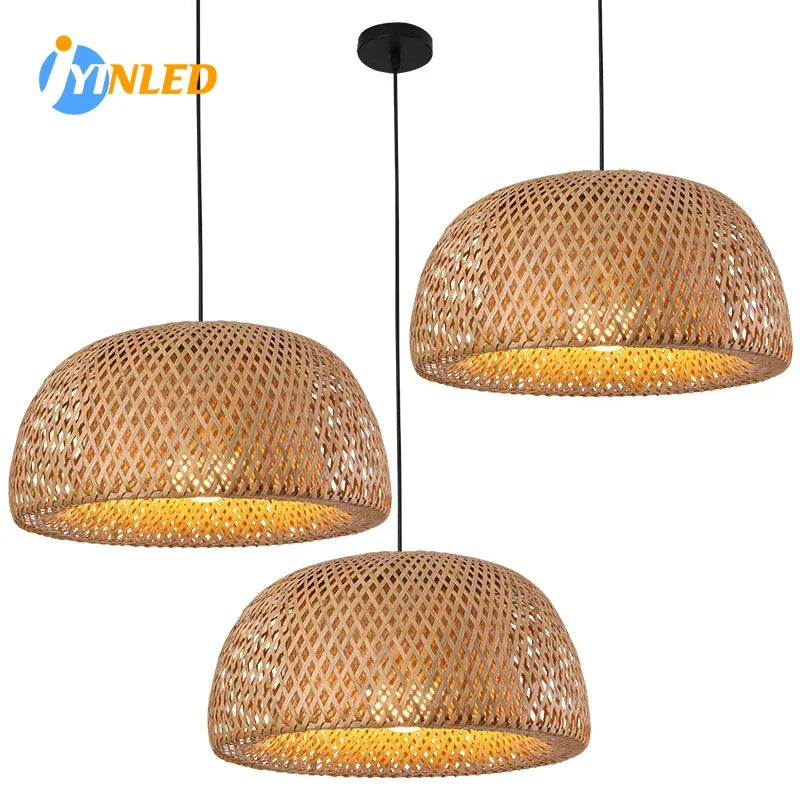 Suspension lumineuse tissage bambou moderne naturel doré salon chambre