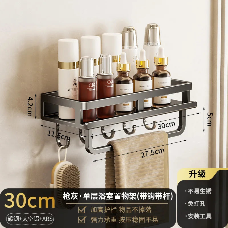étagère murale adhésive noir acier inoxydable salle bain moderne clips magnétiques rangement douche