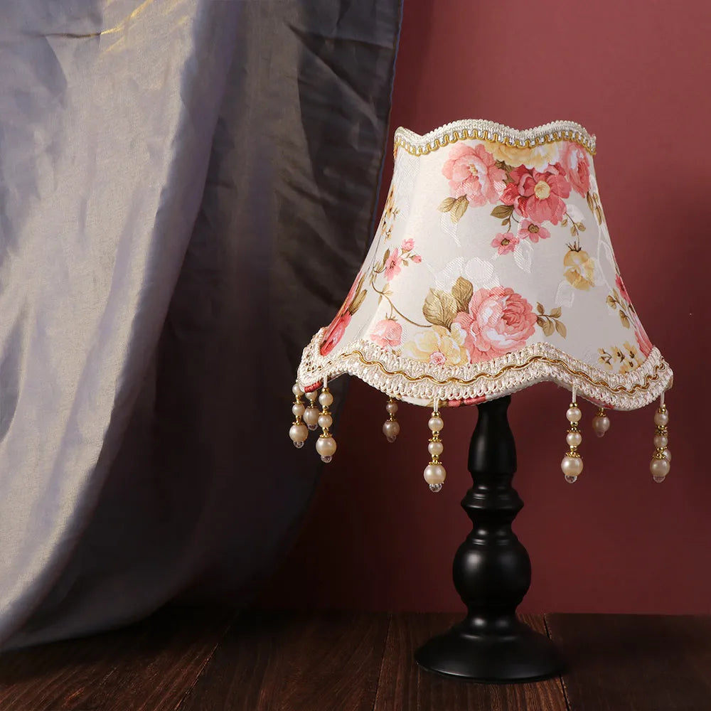 abat jour table vintage floral noir beige doré rose vert damassé translucent shabby chic
