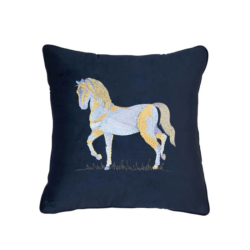 housse coussin brodé cheval léopard bleu marine moderne 45x45cm peluche décorative canapé salon voiture