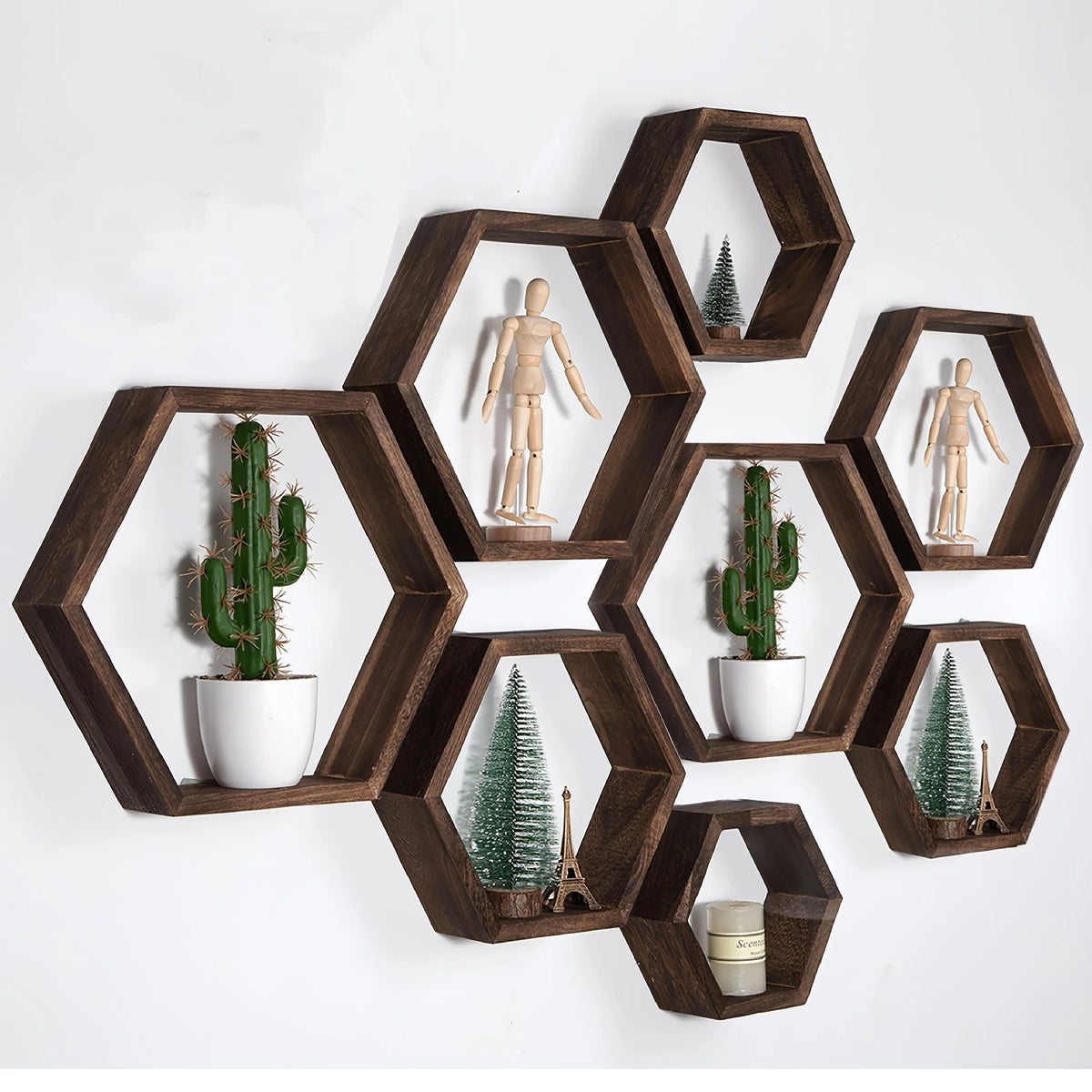 étagères murales hexagonales bois marron moderne rustique adhésives rangement articles divers