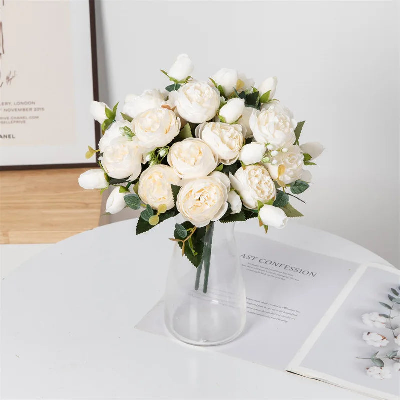 bouquet artificiel pivoines blanc rose intérieur mariage décoration vase romantique classique anniversaire événement