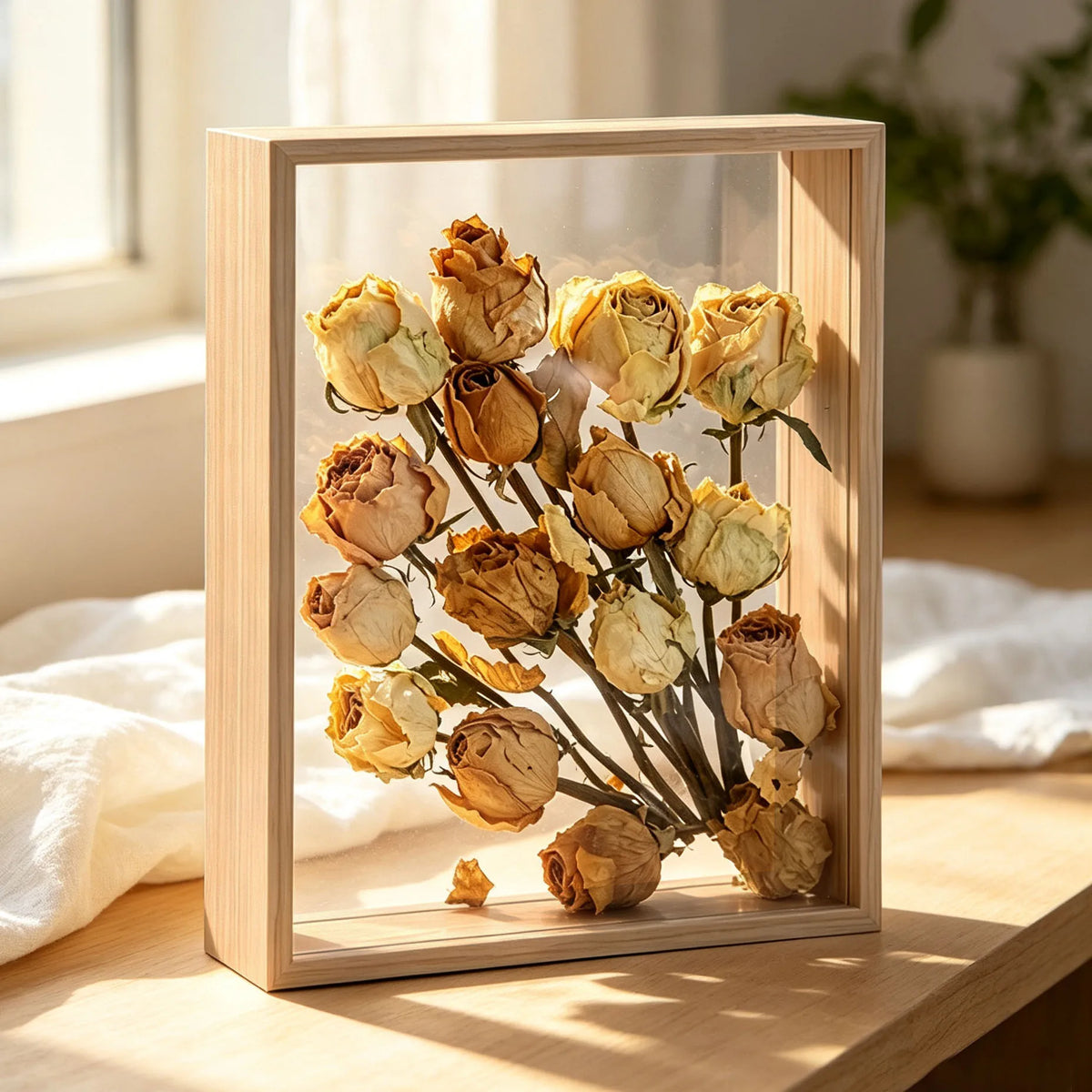 cadre bois vitre transparente fleurs sèches contemporain minimaliste rose pampas marguerites pin