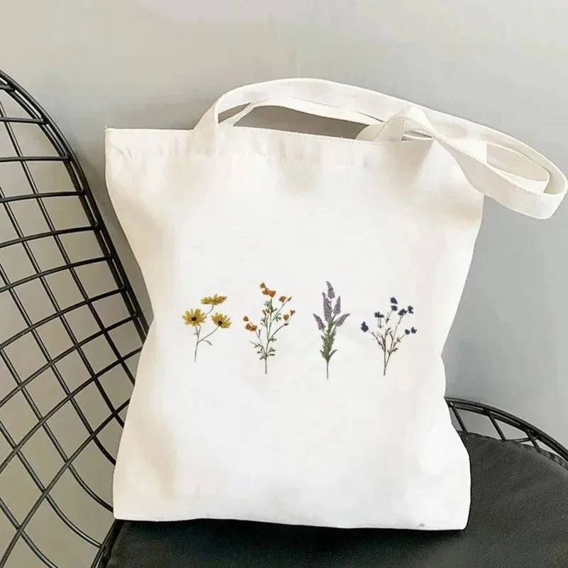 sac main toile imprimé floral blanc doux moderne poignées détachables poche ouverte sans compartiments