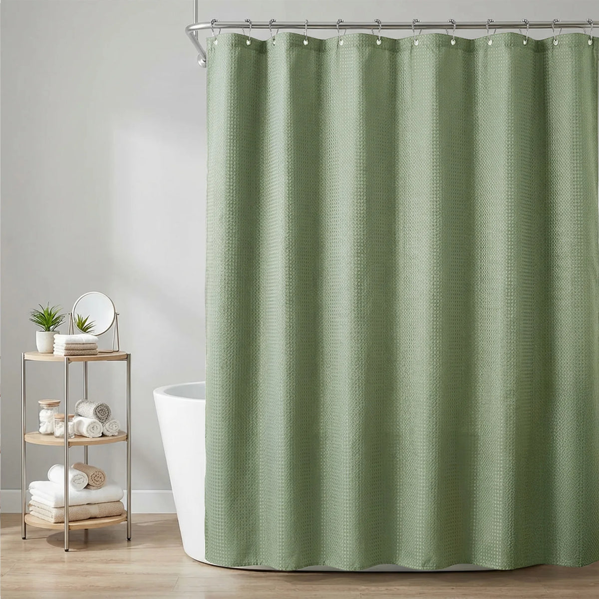 rideau douche blanc vert beige motifs géométriques opaques moderne anneaux métalliques respectueux environnementversible machine