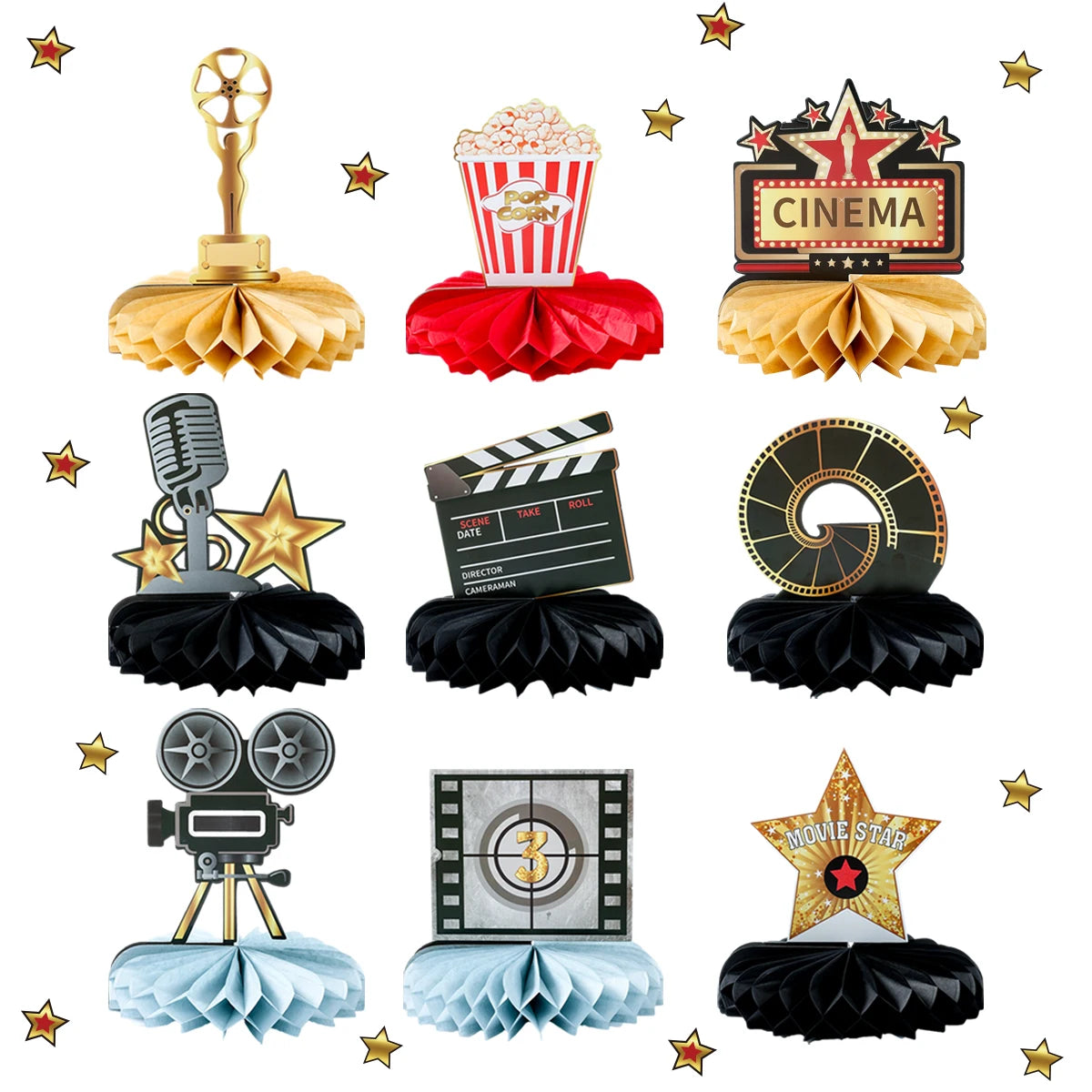décoration anniversaire thème cinéma assiettes jetables serviettes gobelets nappe guirlande popcorn rouge noir doré