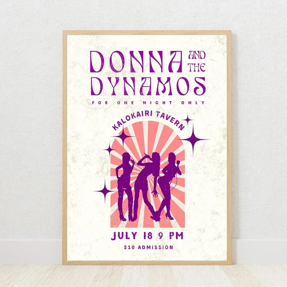 affiche vintage danse silhouettes soleil étoiles couleur violet rose bleu blanc maisonDecoration toile sansCadre