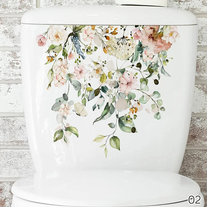 autocollant mural décoration toilettes motif feuilles fleurs floral opaques blanc