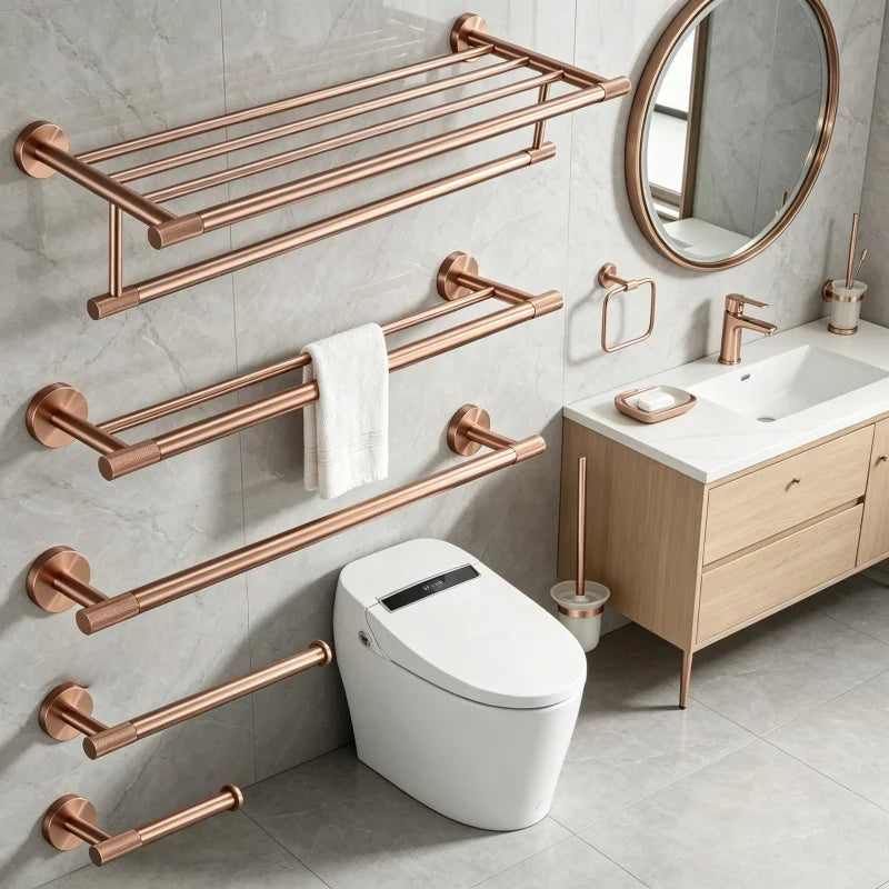 ensemble accessoires salle bain or rose mat porte savon serviette papier toilette moderne