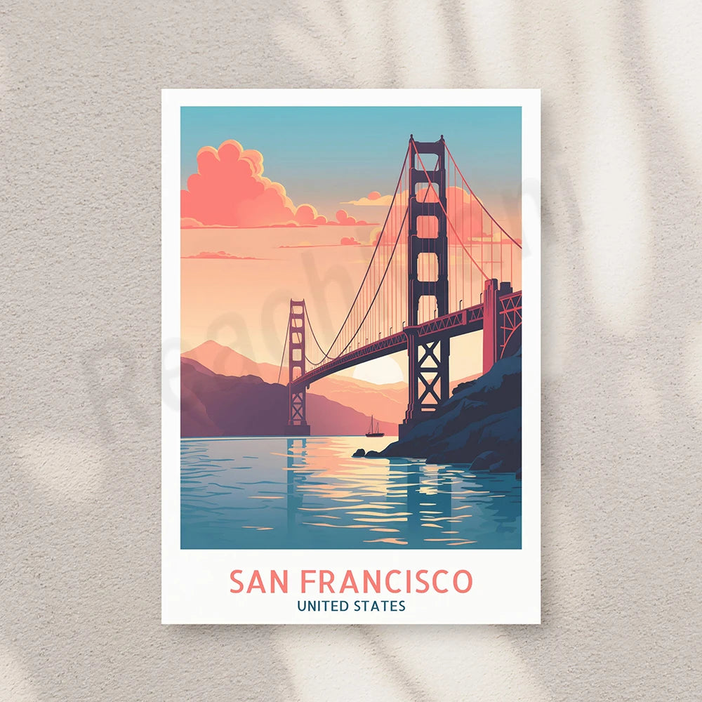 L'image représente le célèbre pont Golden Gate à San Francisco, États-Unis, avec un coucher de soleil coloré en arrière-plan.
