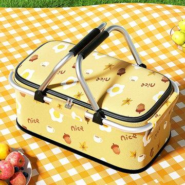 panier pique nique pliable vichy jaune blanc rouge plateau intégral couvercle fermeture éclair alimentos