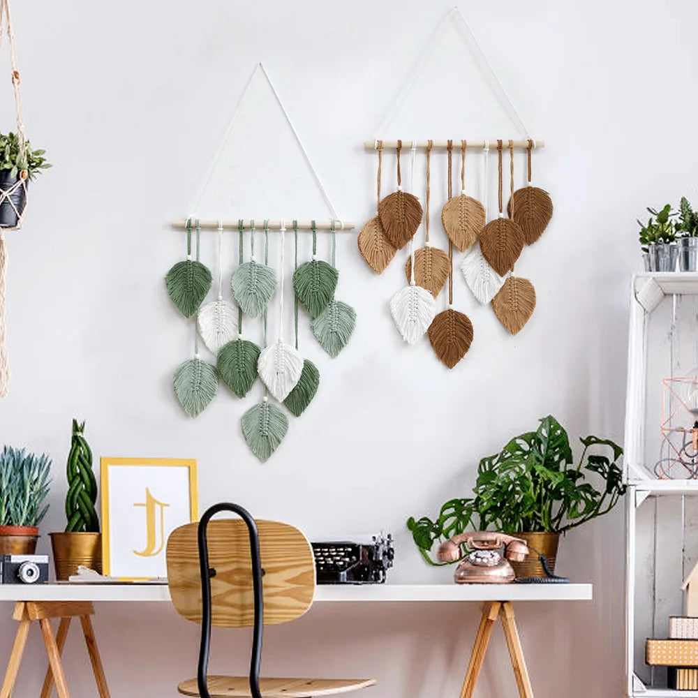 décoration murale boho feuilles macramé vert rose gris naturelle eyelets chambre salon