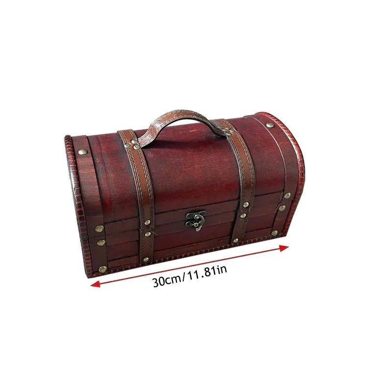 coffre bijoux vintage bois brun foncé poignée cuir rétro lunettes carte rouleau papier