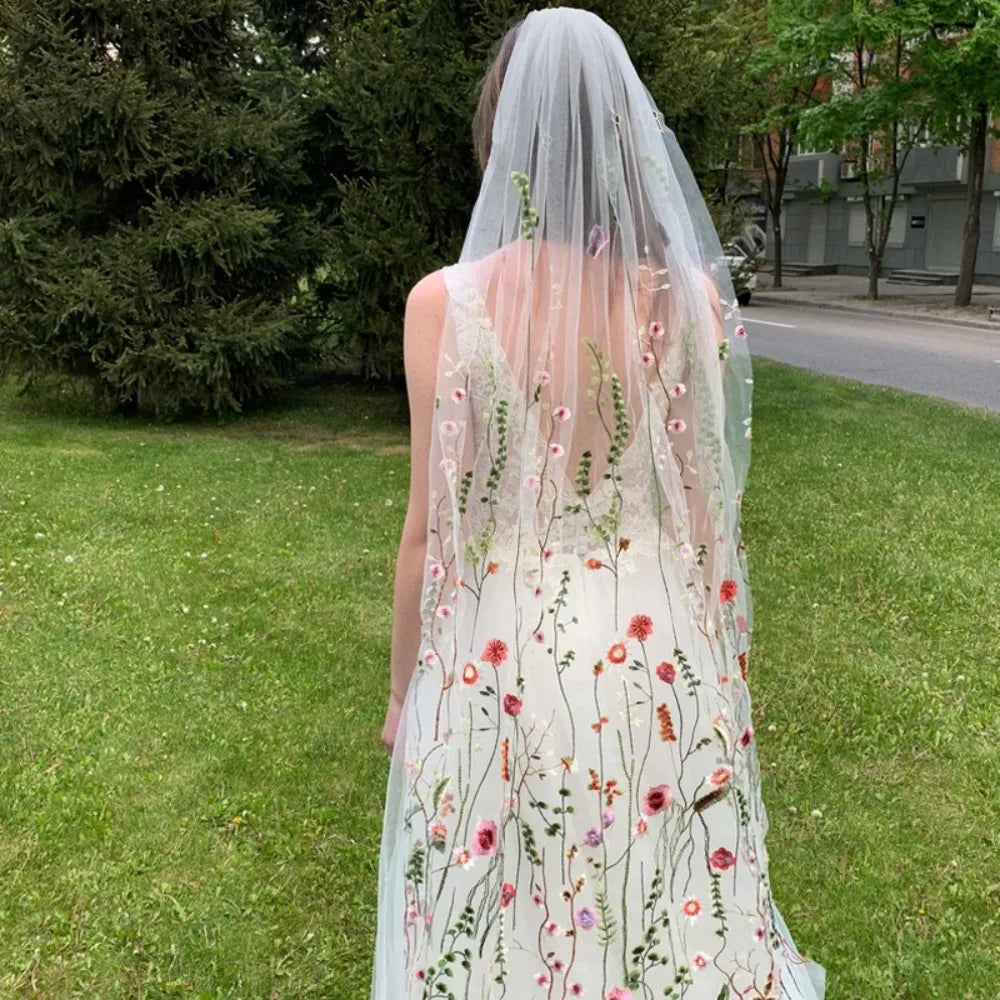 voile mariée bohème broderie florale 3d peigne transparent romantique champêtre