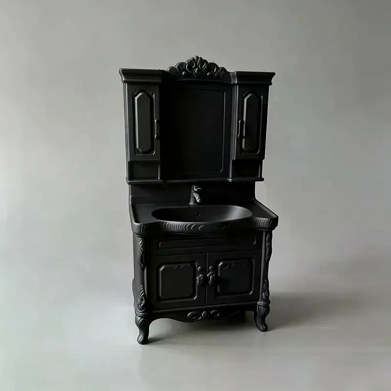 miniature meuble salle bain blanc noir vintage vasque miroir armoire porte robinet ornementé