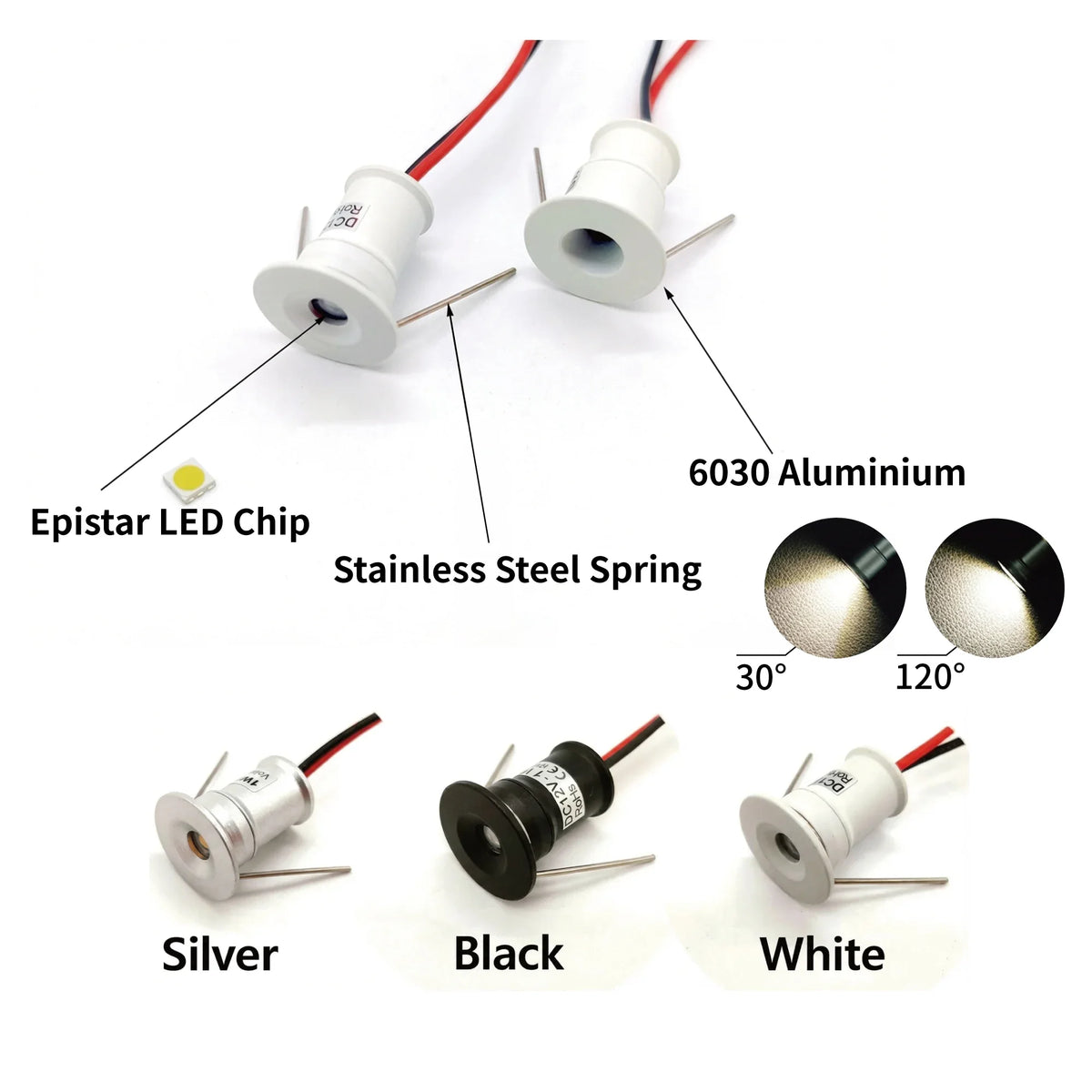 Spot LED argent noir blanc mat moderne ip65 1w 12v waterproof 480mm