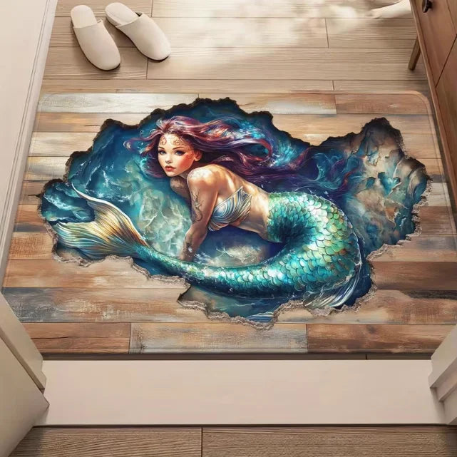 tapis décoratif moderne 3d effet chute sirène bois chat noir bleu vert