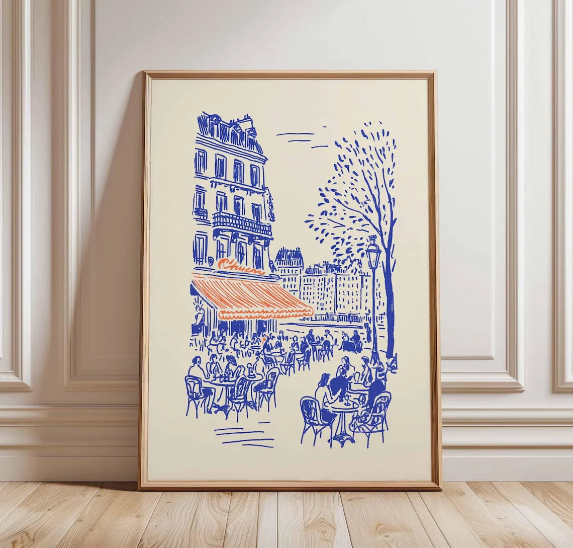 affiche toile cadre bois illustration paris rue animée décoration murale bistrot français bleu