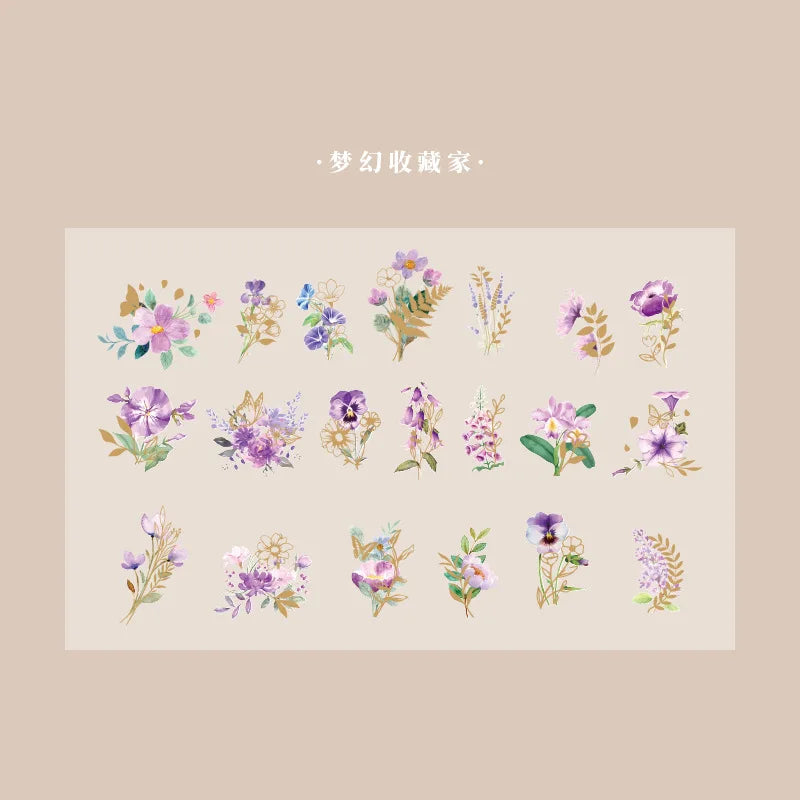 sticker floral adhésif bleu vert doré fleurs feuilles décoration carnet artisanal 40pcs