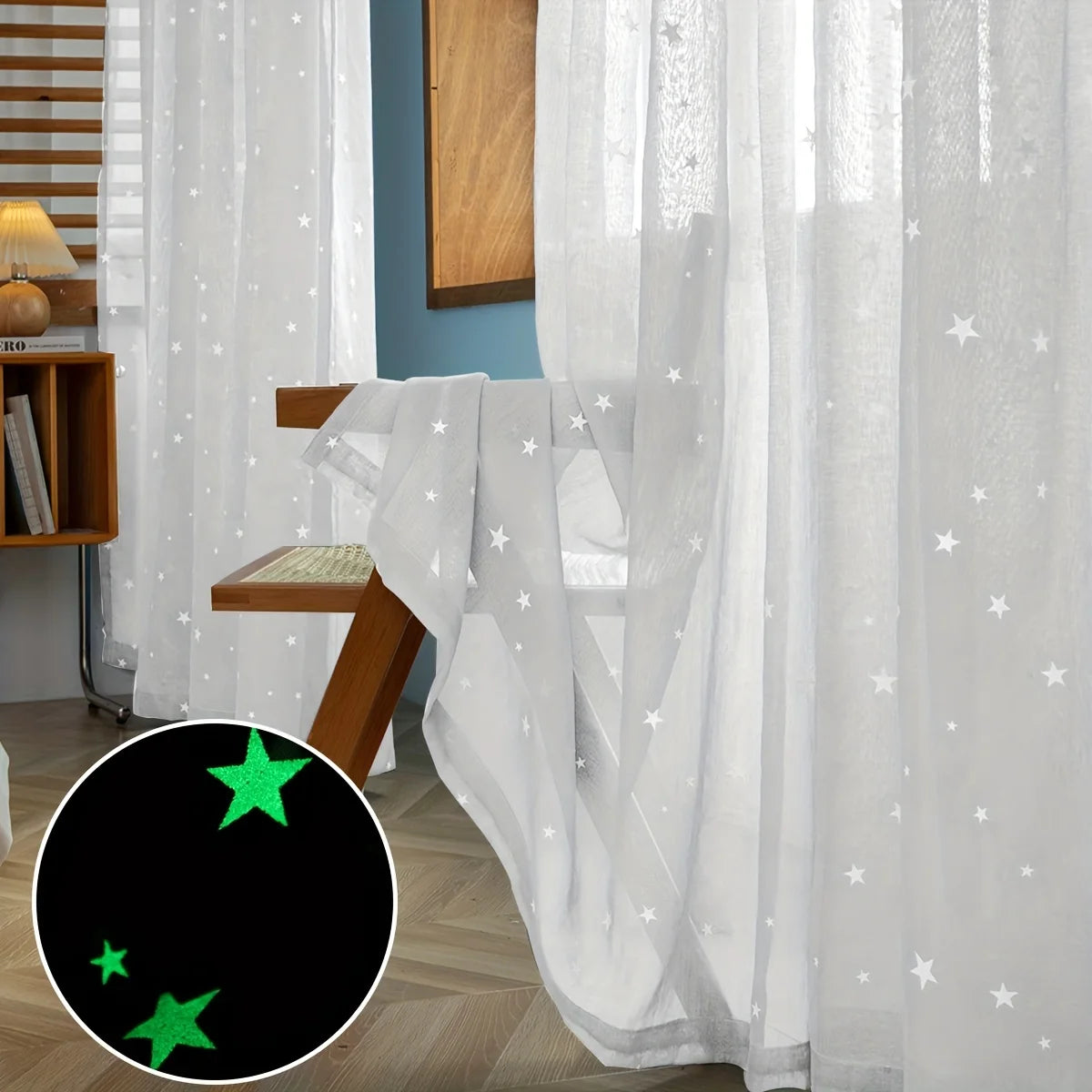 rideau blanc étoiles imprimées moderne translucide anneaux métalliques chambre enfant polyester fenêtre 132x160cm