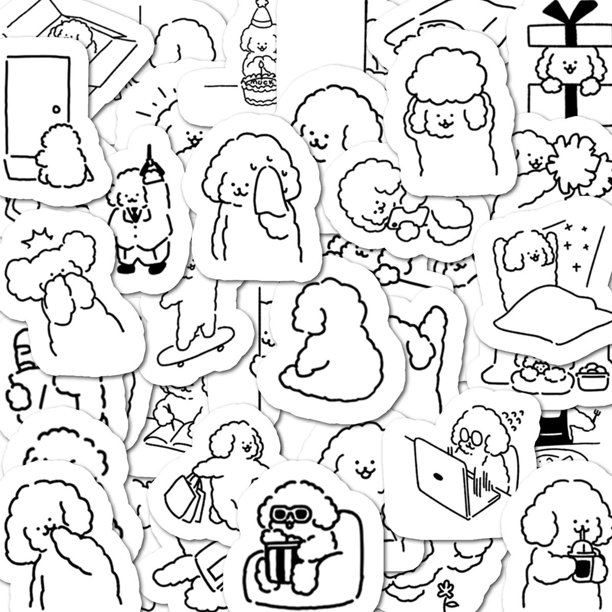 stickers chiens noir blanc dessin animé adhésif activités humaines boîtes cadeaux ordinateur portable enfants