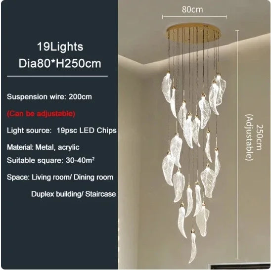 lustre suspension moderne escalier feuilles acrylique transparent doré luminaire luxe salon