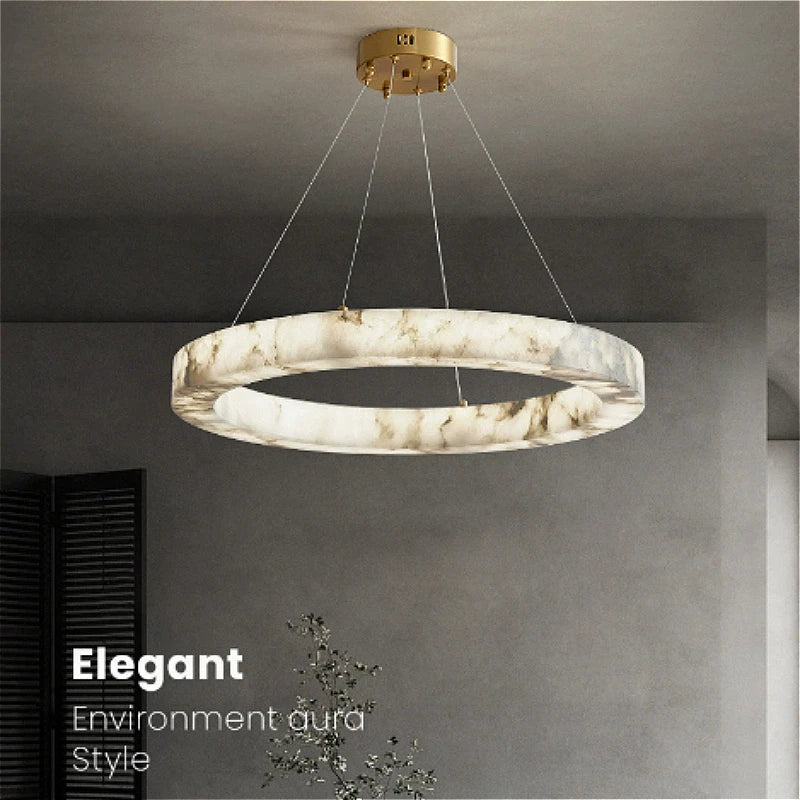 suspension circulaire marbre blanc moderne élégante chaînes métalliques lumière blanche 4000k 3000k 6000k