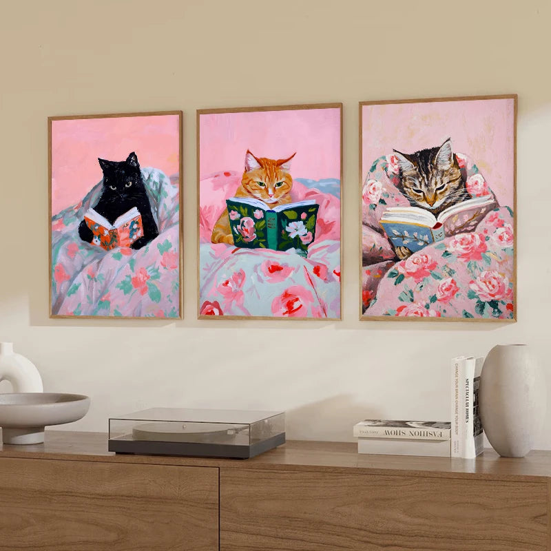 tableau peinture l'huile chat rose livre fleurs couverture couleurs classiques salon décoration