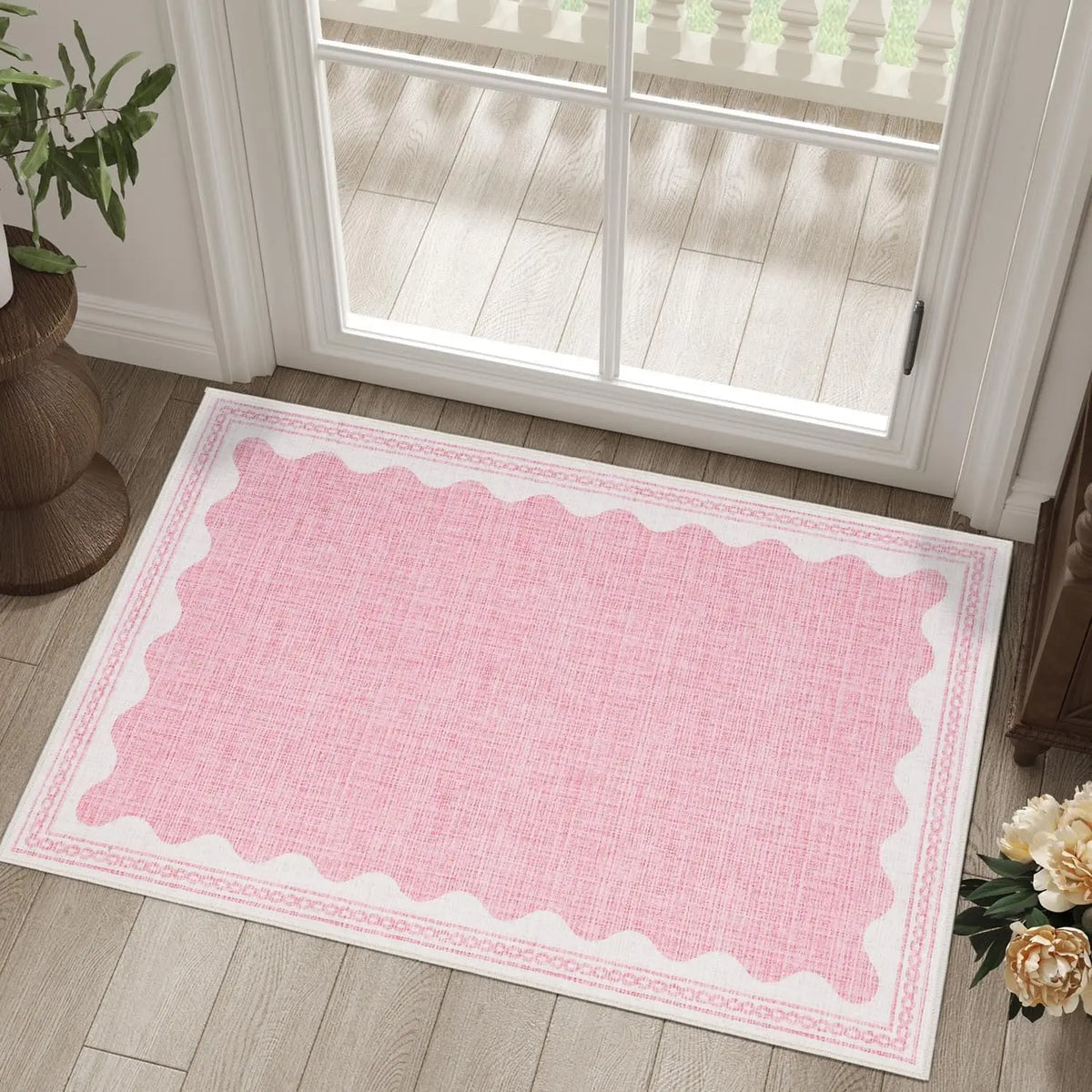 tapis moderne rose clair vert pastel bleu ciel anti dérapant bordure dentelée polyester 30x50cm