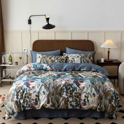 Housse de couette 4 pièces en Tencel motifs feuilles tropicales sur lit double