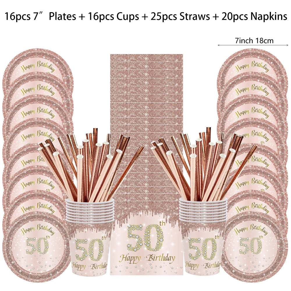 ensemble vaisselle jetable anniversaire rose gold assiettes serviettes gobelets pailles paillettes décoratif fête