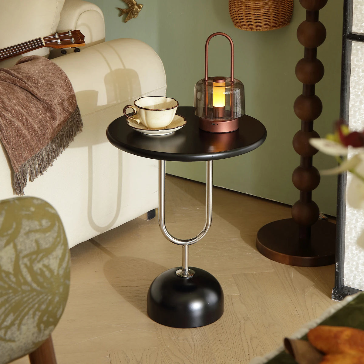table d'appoint bois marron clair moderne pied central base circulaire portable multifonctionnelle rangement chambre