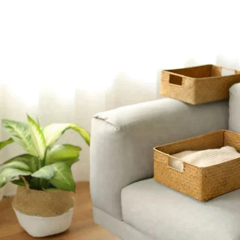 paniers tissés marron clair rustiques boho chic poignées intégrées rangement multifonctionnel écologique