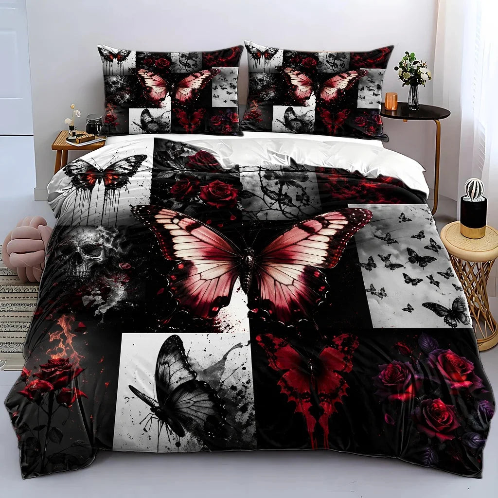 ensemble literie gothique papillons roses crânes noir rouge lit double lavable machine invisible motifs