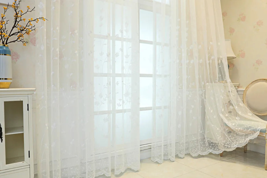 rideau blanc fleurs brodées tulle polyester classique translucide salon chambre