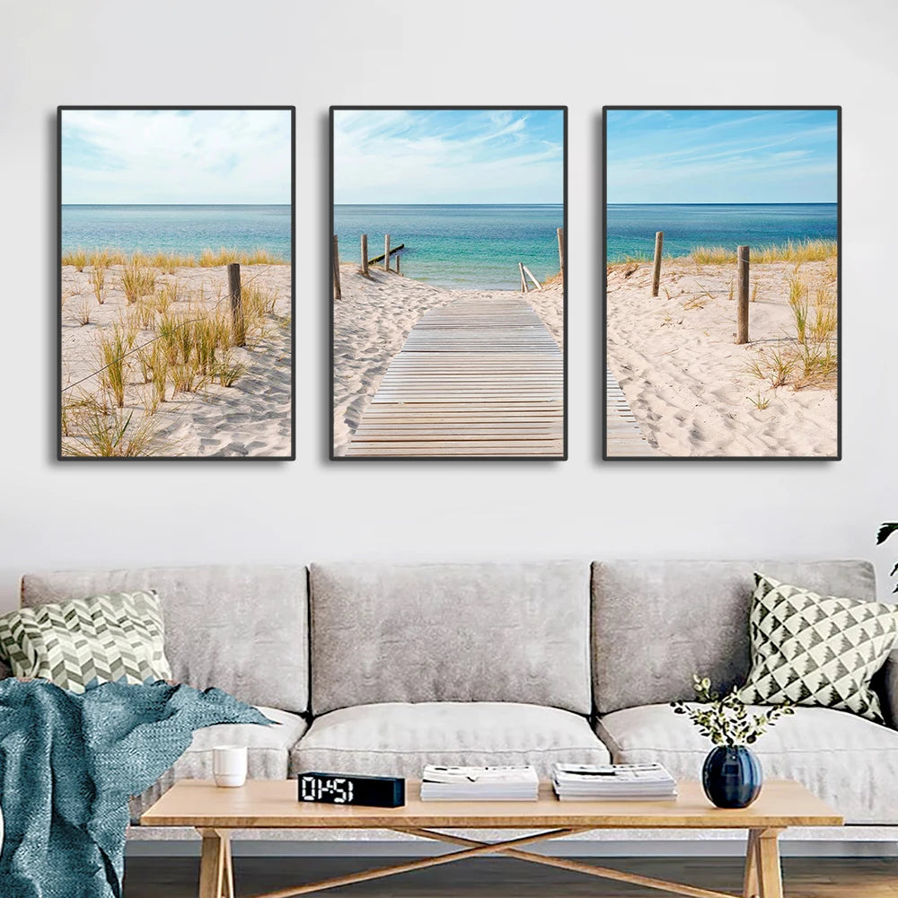 tableau toile paysage marin plage moderne décoration murale salon bleu beige blanc