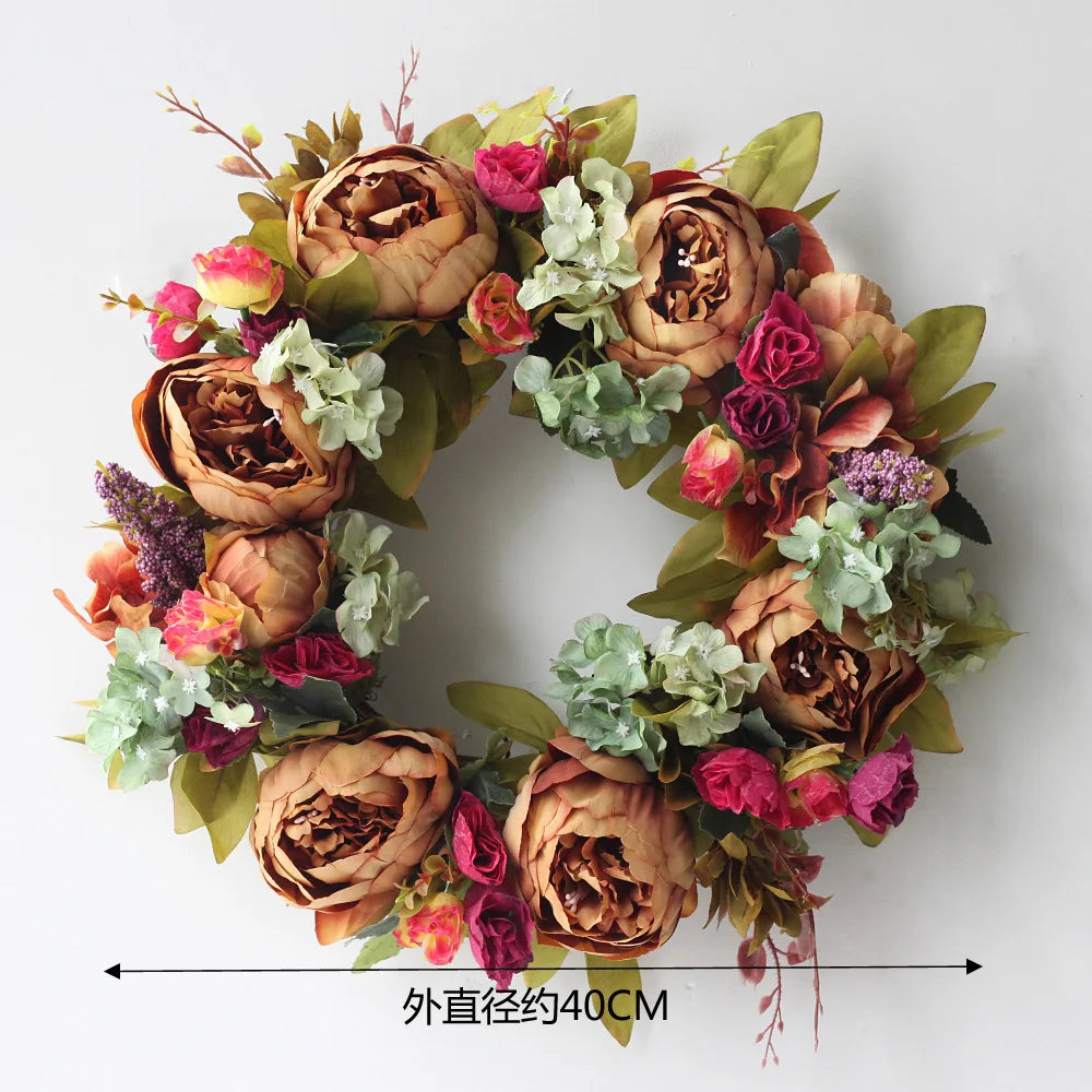 couronne florale vintage rose blanche feuilles vertes fleurs artificielles intérieur mariage table porte