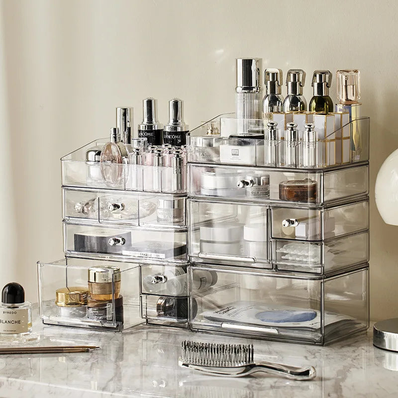 boîte maquillage transparent moderne poignées métalliques pince brosse cosmétiques grande capacité anti poussière