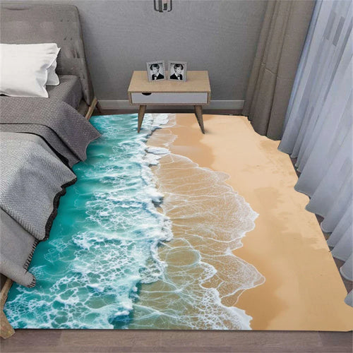 tapis salon moderne motif vagues mer coquillages bleu clair beige blanc décoratif intérieur maison