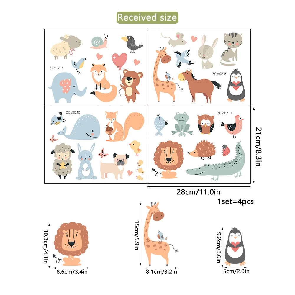 sticker mural animal dessin animé adhésif pvc bleu orange gris vert rose blanc mignon
