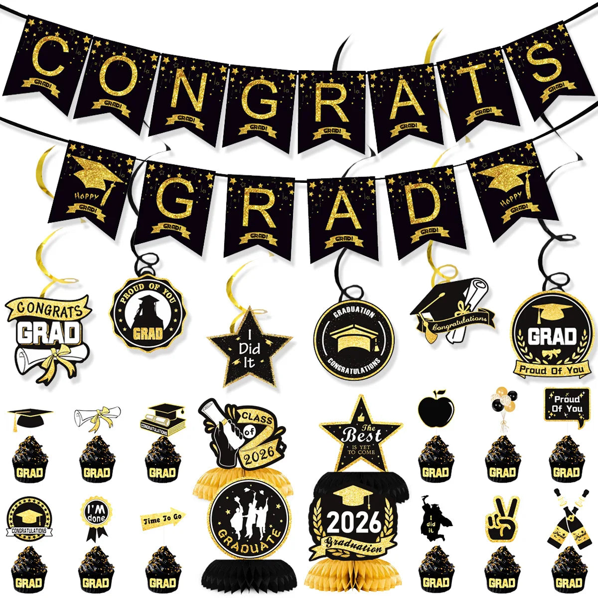 guirlande décoration graduation diplômes chapeaux congrats grad proud class 2026 doré bleu noir élégante