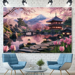 tableau mural paysage japonais fleurs cerisier tulipes montagne pagode pont eau rochers lanterne réaliste