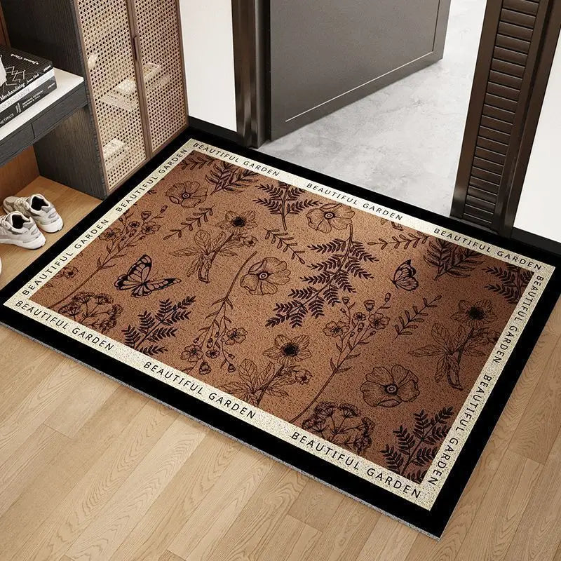 tapis antidérapant marron noir floral fleurs feuilles papillons classique couloir porte maison