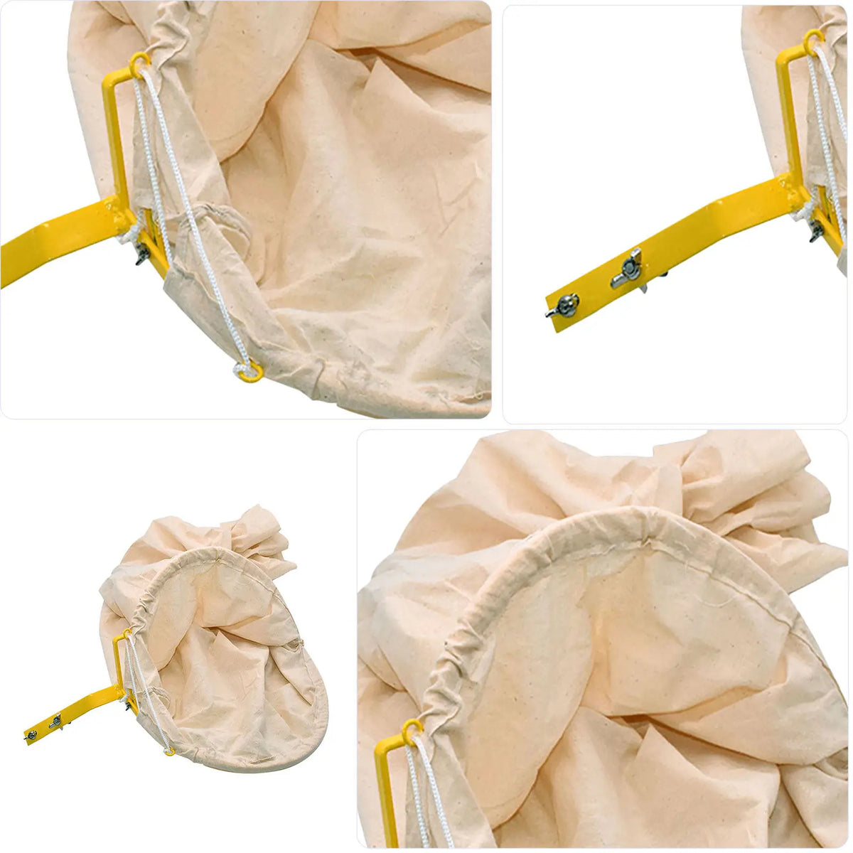 outil d'apiculteur sac toile légère filet capture d'abeilles structure métallique jaune beige clair inspection