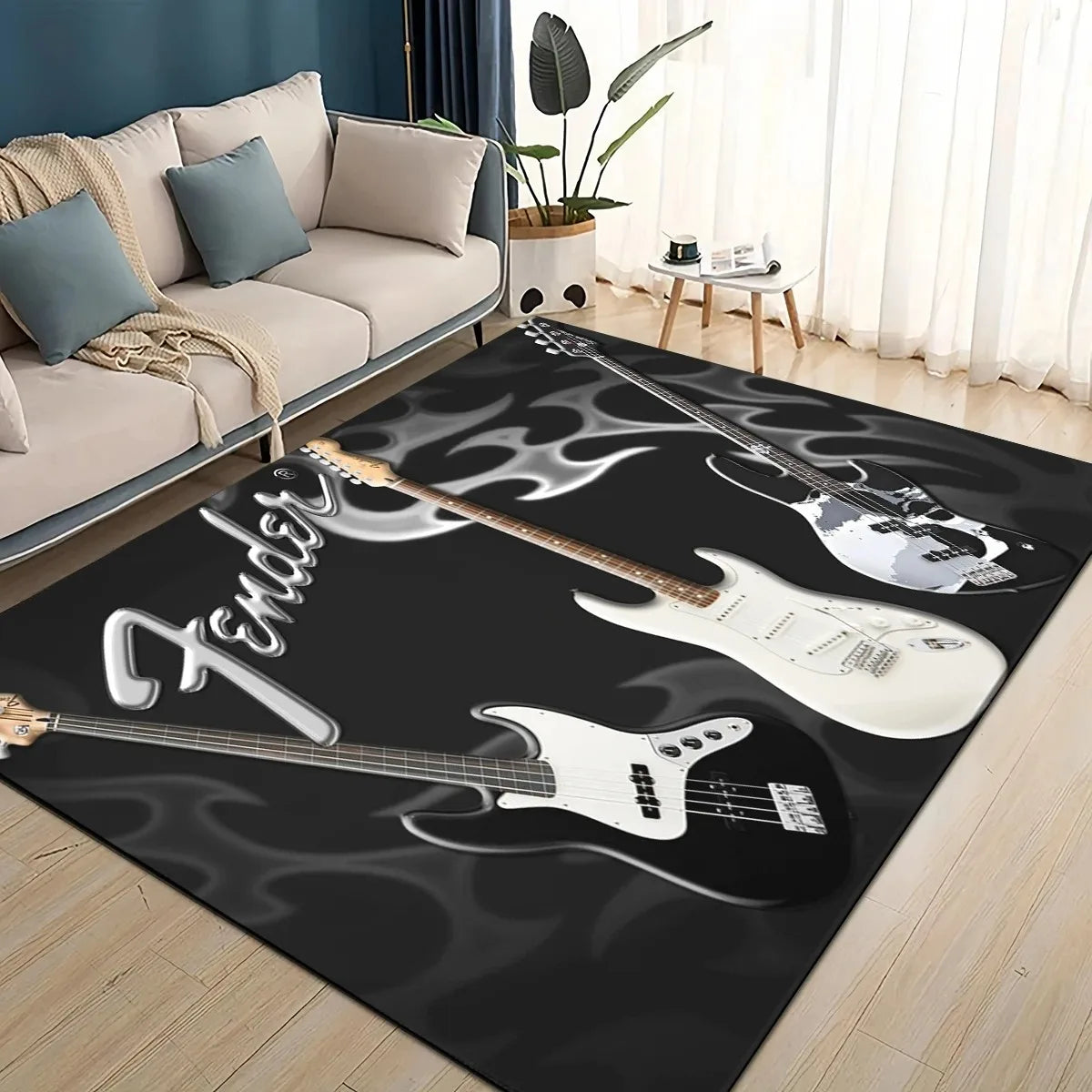 tapis sol moderne motif guitare noir bleu blanc antidérapant décoration salon chambre maison