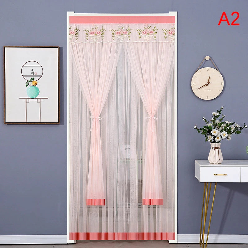 rideau porte anti moustiques blanc jaune violet rose broderie cerfs fleurs transparent classique ruban